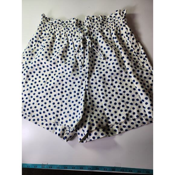 H&M White Blue Polka Dot Linen Blend Paper Bag Retro Active Hi-Waist Shorts SZ M - Picture 3 of 8